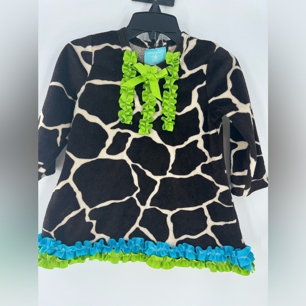 MUD PIE TOP BOUTIQUE GIRAFFE ZOO PRINT RUFFLE & RIBBON ACCESS 12-18 MONTHS